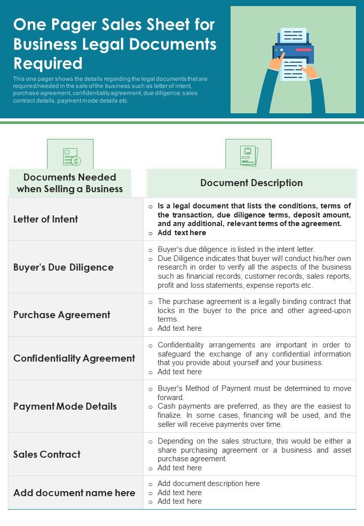 One Pager Sales Sheet For Business Legal Documents Required PDF Document PPT Template Slide01