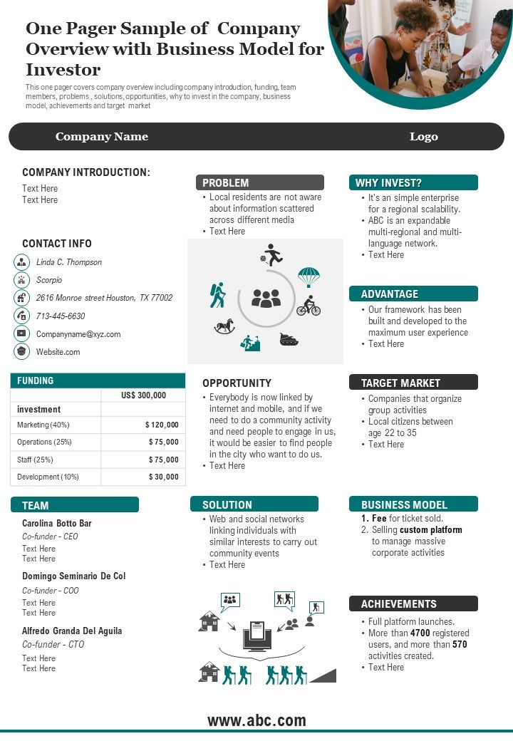 One Pager Sample Of Company Overview With Business Model For Investor PDF Document PPT Template Slide01