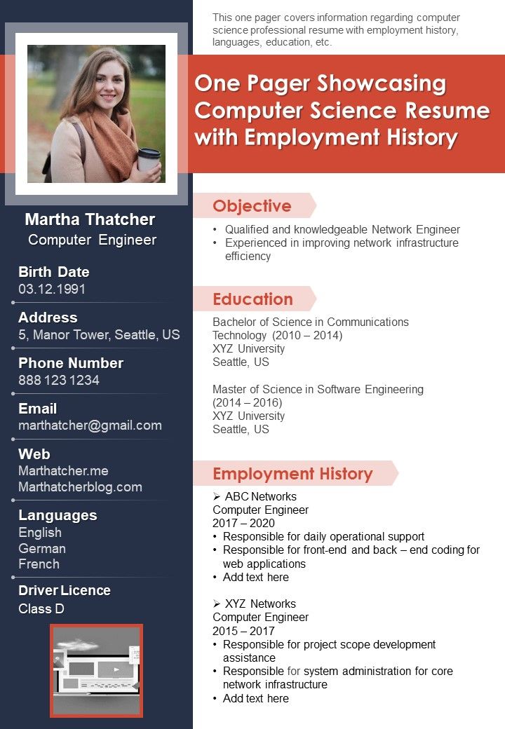 One Pager Showcasing Computer Science Resume With Employment History PDF Document PPT Template Slide01