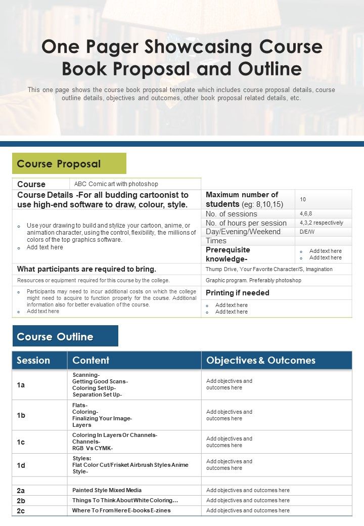 One Pager Showcasing Course Book Proposal And Outline PDF Document PPT Template Slide01