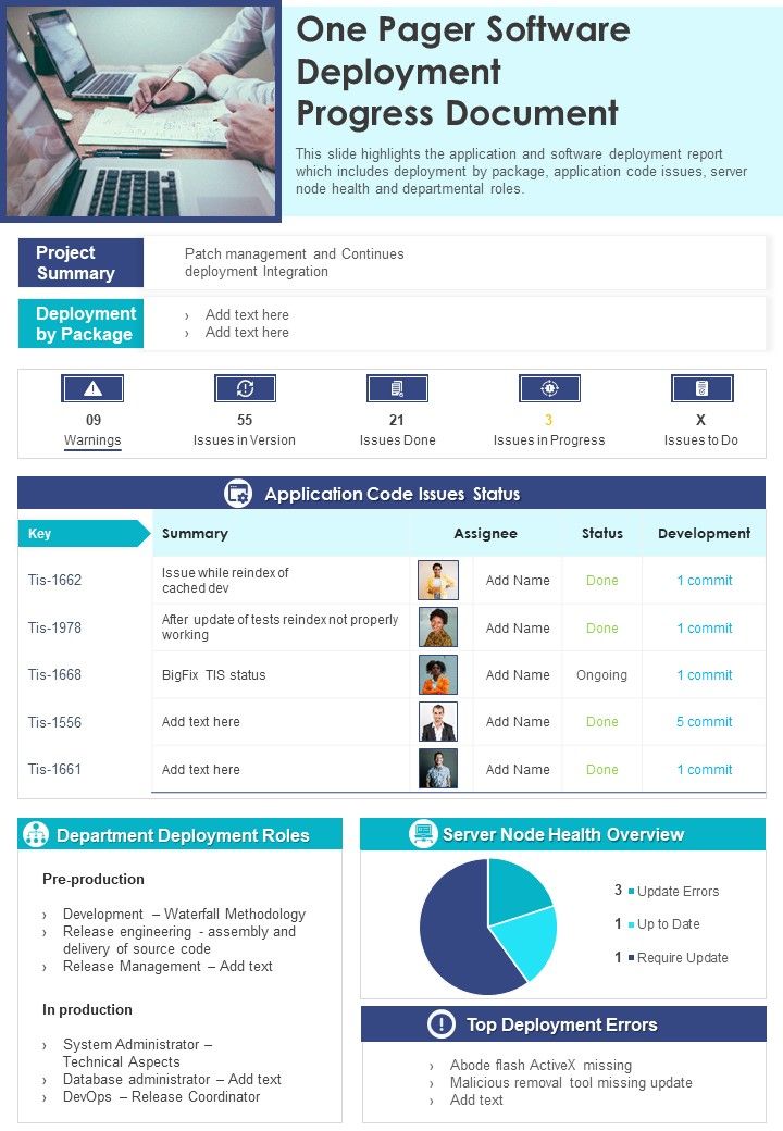 One Pager Software Deployment Progress Document PDF Document PPT Template Slide01
