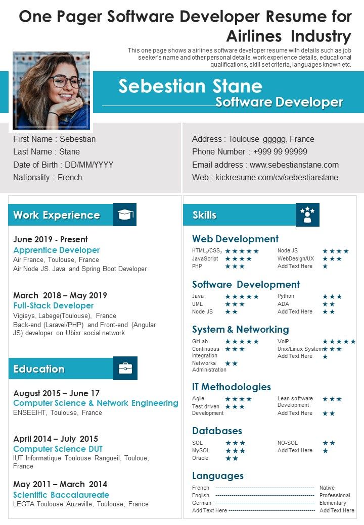 One Pager Software Developer Resume For Airlines Industry PDF Document PPT Template Slide01