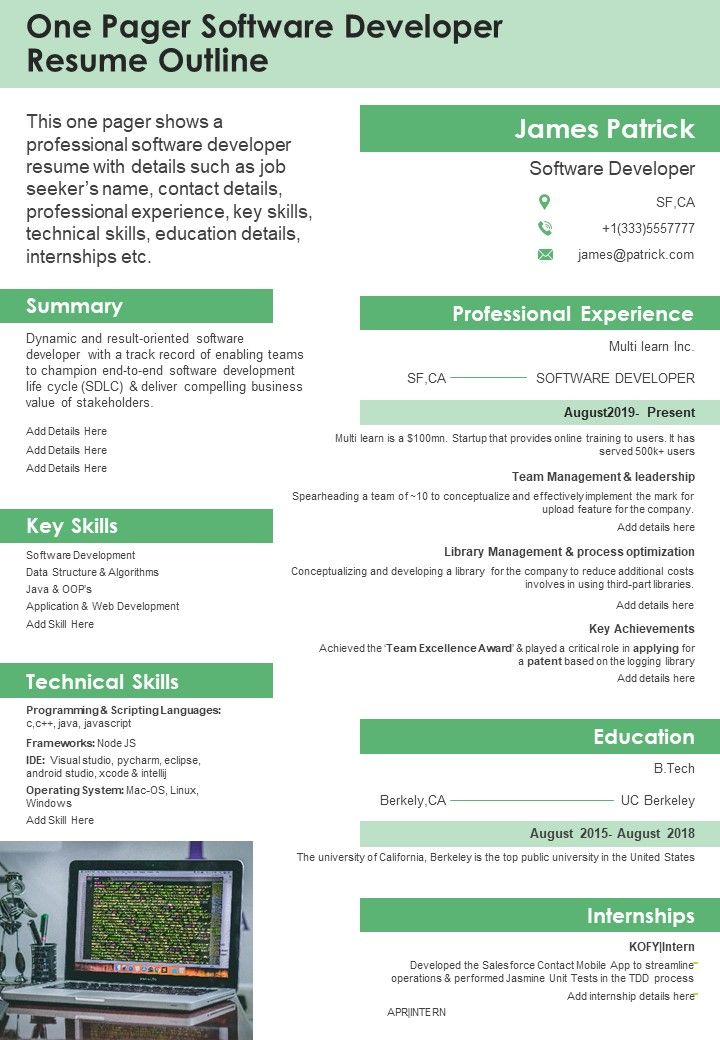 One Pager Software Developer Resume Outline PDF Document PPT Template Slide01