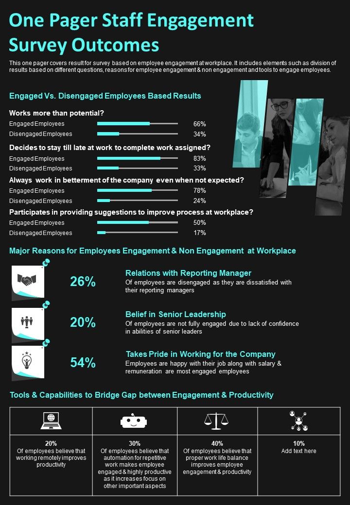 One Pager Staff Engagement Survey Outcomes PDF Document PPT Template Slide01