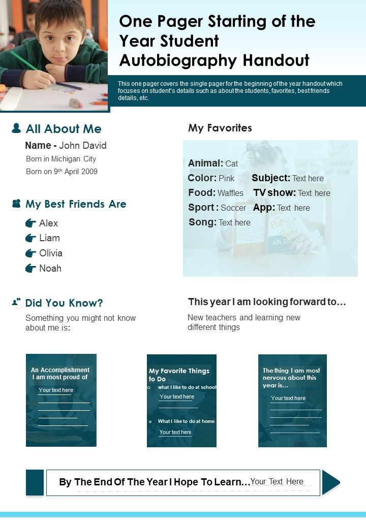 One Pager Starting Of The Year Student Autobiography Handout PDF Document PPT Template Slide01