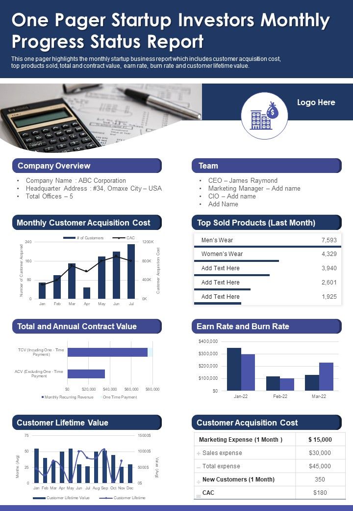One_Pager_Startup_Investors_Monthly_Progress_Status_Report_PDF_Document_PPT_Template_Slide_1.jpg