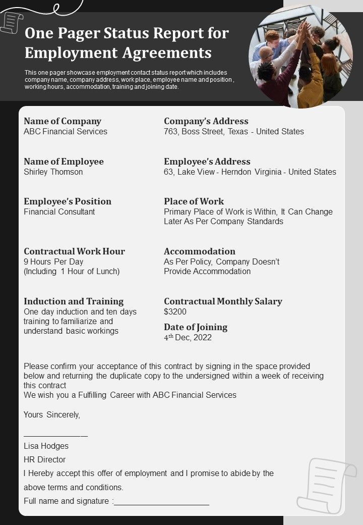 One_Pager_Status_Report_For_Employment_Agreements_PDF_Document_PPT_Template_Slide_1.jpg