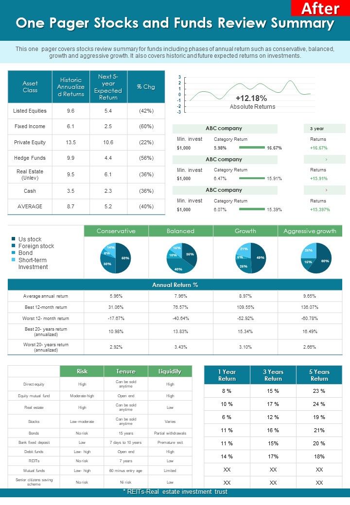 One Pager Stocks And Funds Review Summary PDF Document PPT Template Slide01