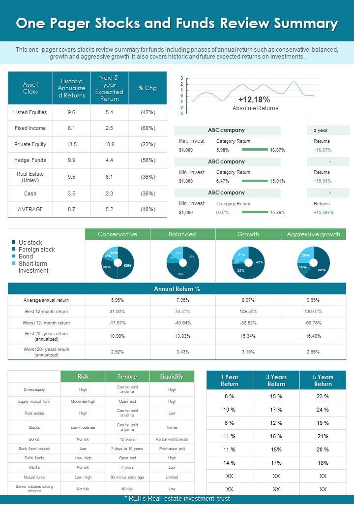 One Pager Stocks And Funds Review Summary PDF Document PPT Template