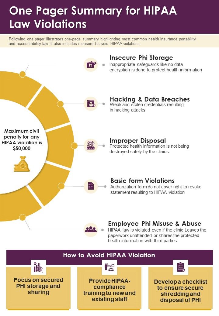 One Pager Summary For HIPAA Law Violations PDF Document PPT Template Slide01