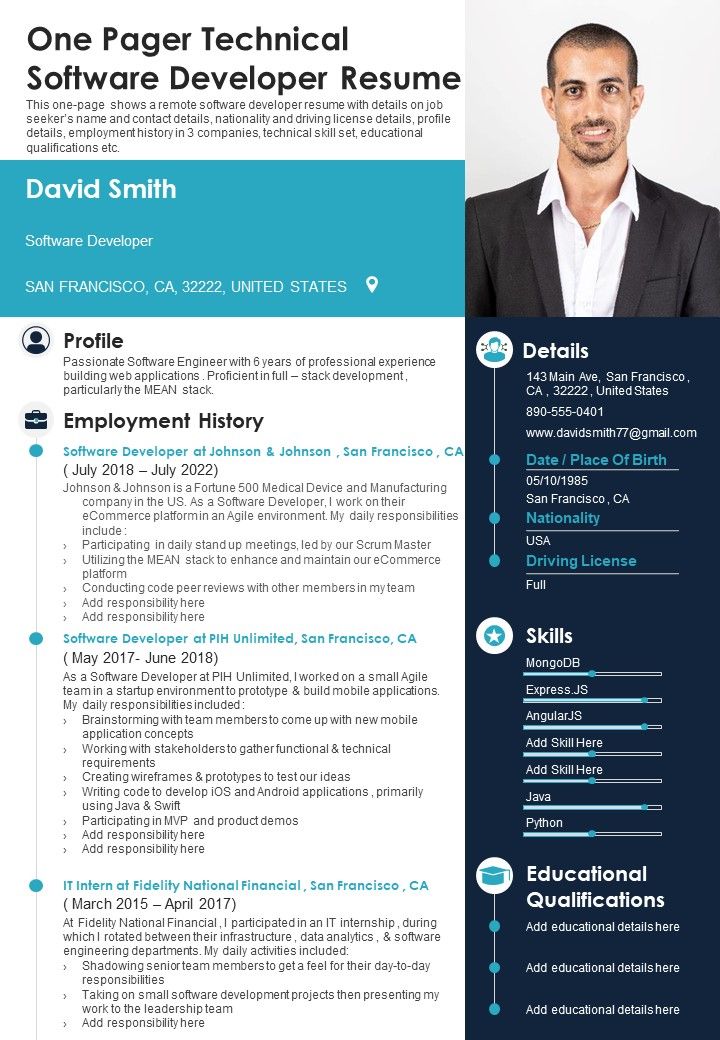 One Pager Technical Software Developer Resume PDF Document PPT Template Slide01