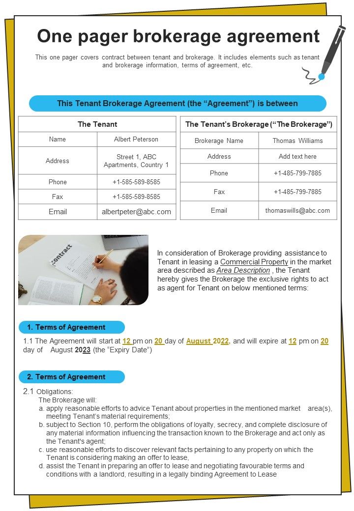 One Pager Tenant Brokerage Agreement PDF Document PPT Template Slide01