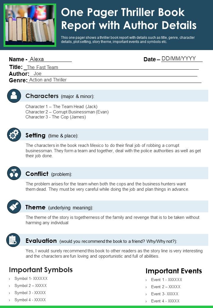 One Pager Thriller Book Report With Author Details PDF Document PPT Template Slide01
