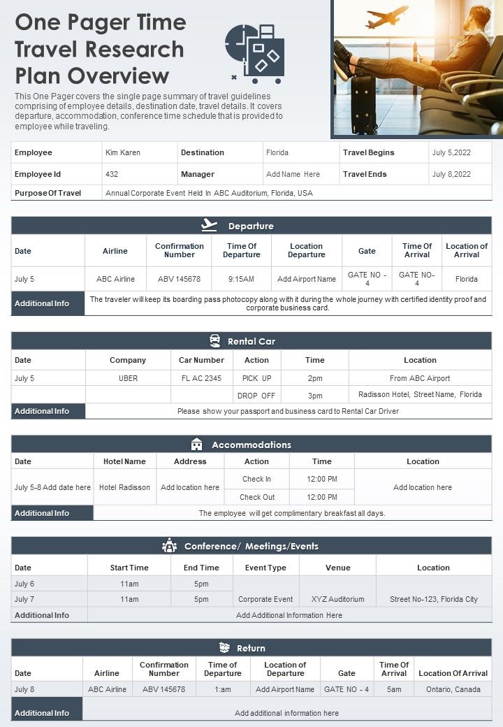 One Pager Time Travel Research Plan Overview PDF Document PPT Template Slide01