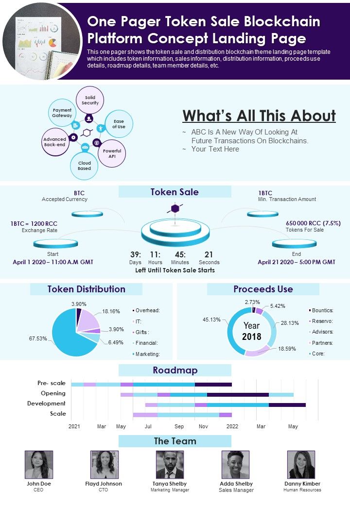 One Pager Token Sale Blockchain Platform Concept Landing Page PDF Document PPT Template Slide01