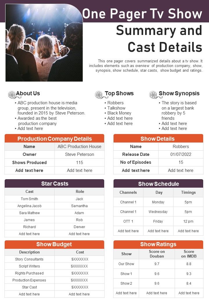 One Pager Tv Show Summary And Cast Details PDF Document PPT Template Slide01