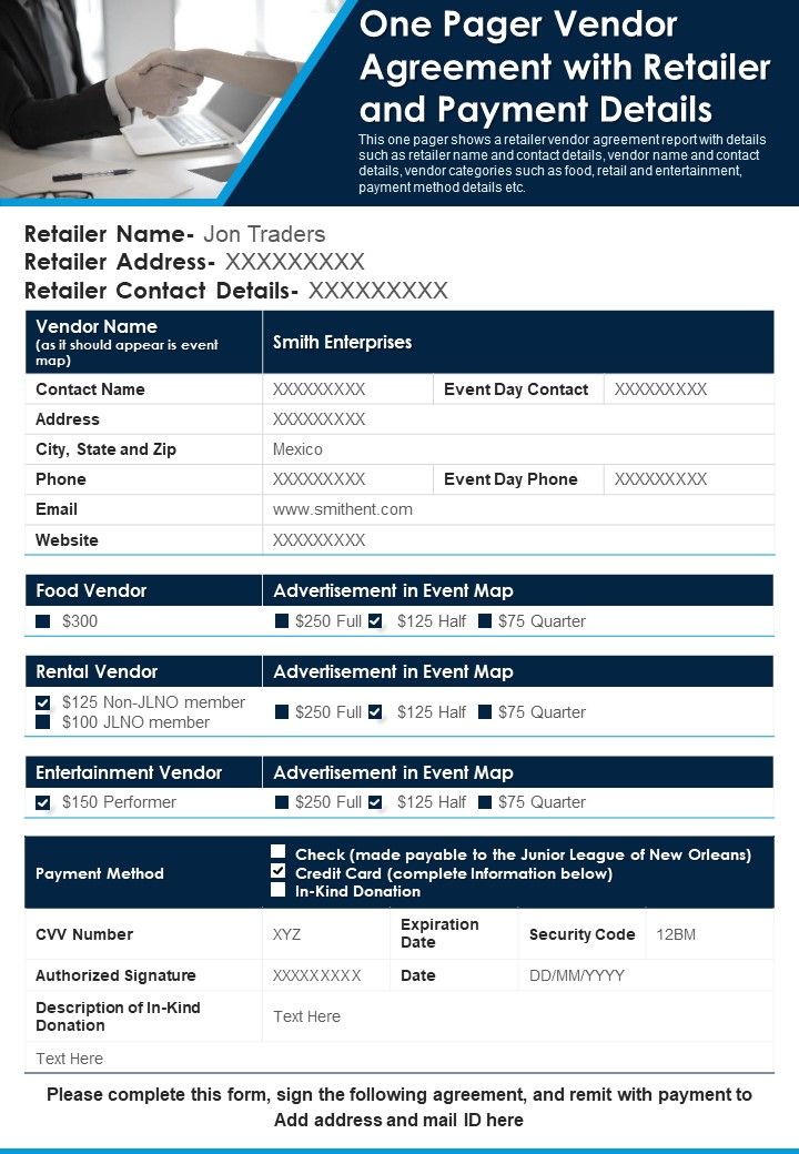 One Pager Vendor Agreement With Retailer And Payment Details PDF Document PPT Template Slide01