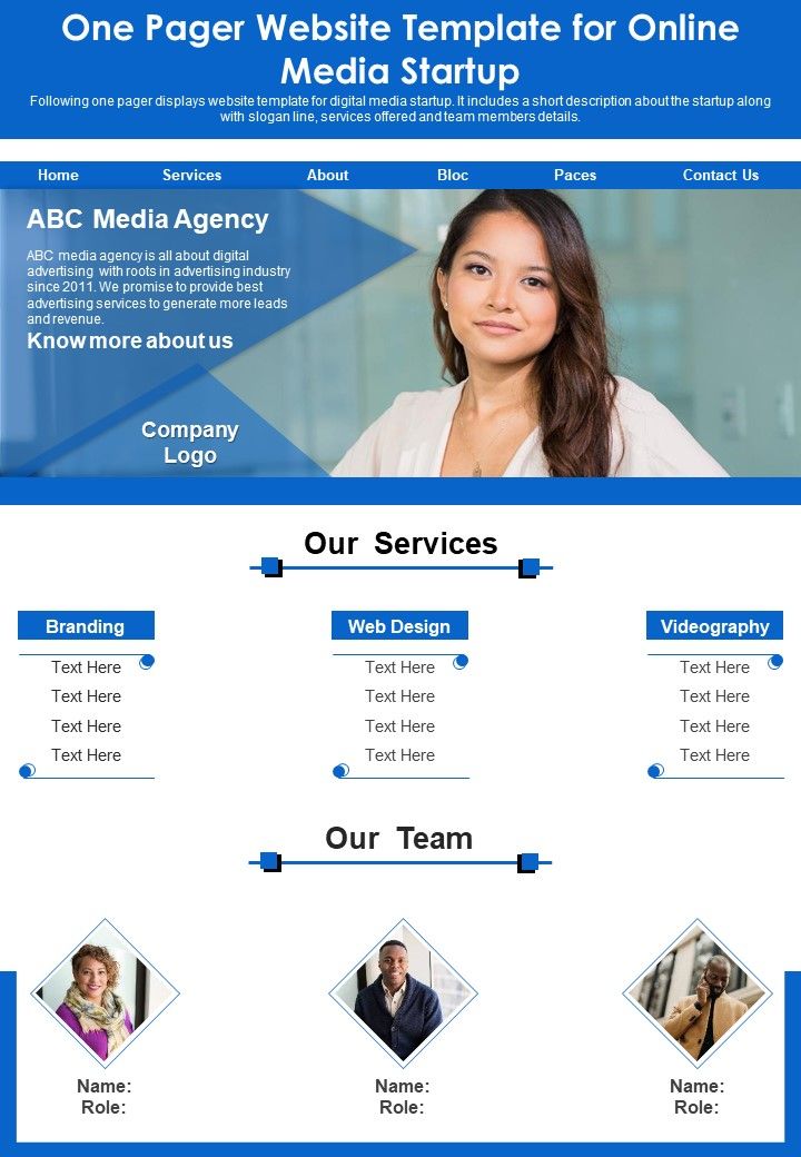 One Pager Website Template For Online Media Startup PDF Document PPT Template Slide01