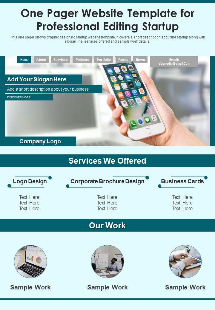 One Pager Website Template For Professional Editing Startup PDF Document PPT Template Slide01