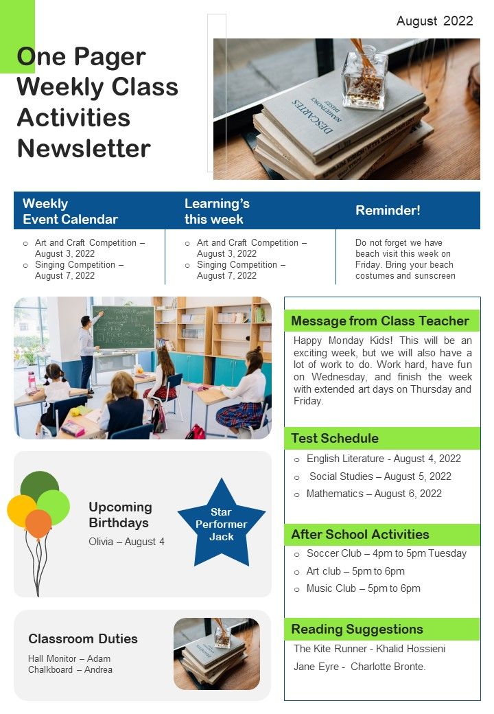 One Pager Weekly Class Activities Newsletter PDF Document PPT Template Slide01