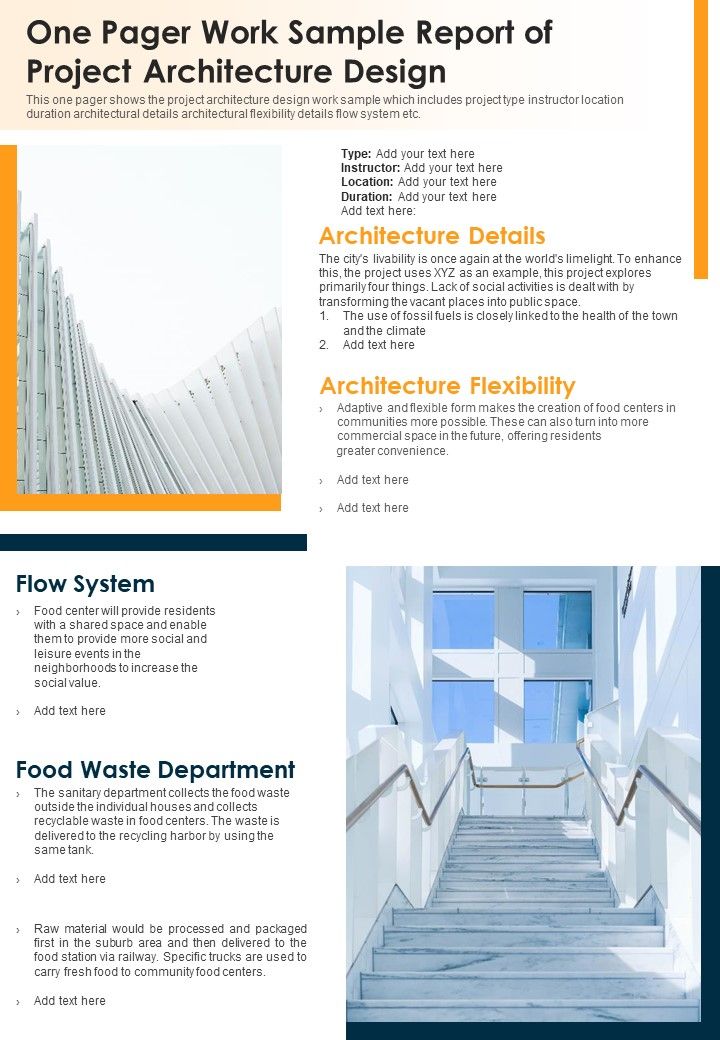 One Pager Work Sample Report Of Project Architecture Design PDF Document PPT Template Slide01