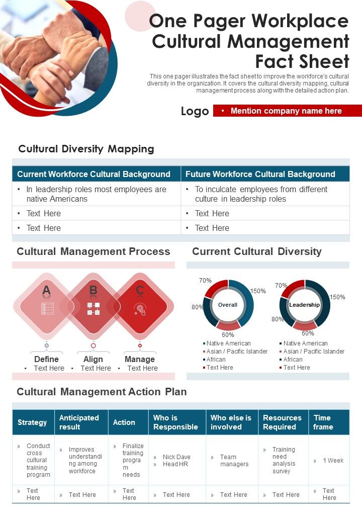 One Pager Workplace Cultural Management Fact Sheet PDF Document PPT Template Slide01