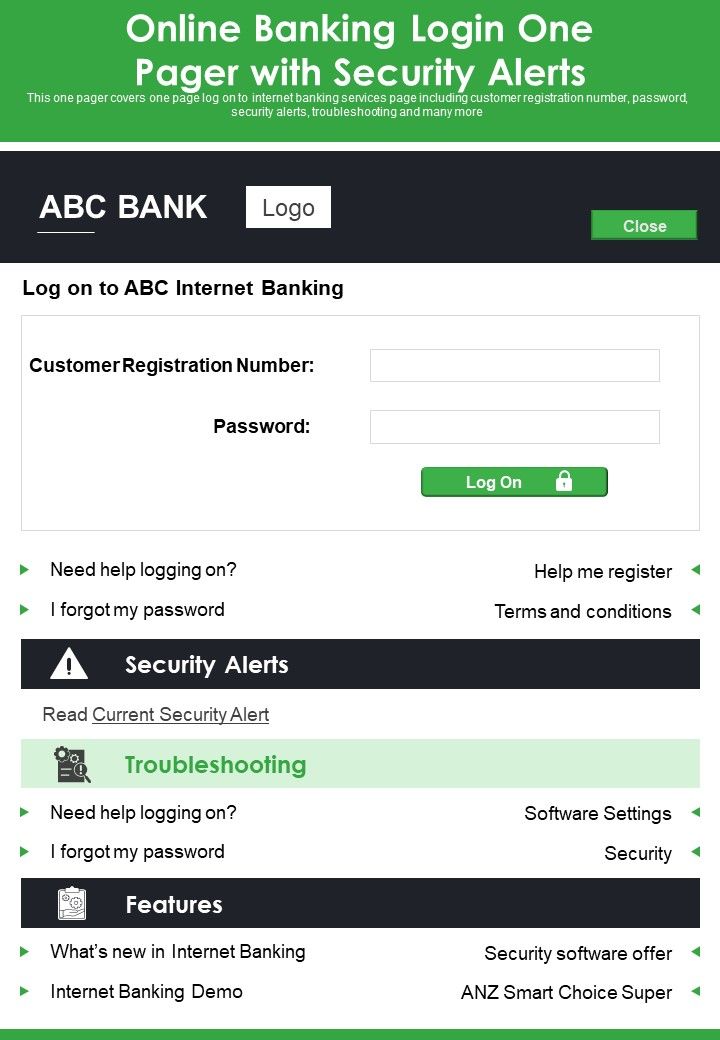 Online Banking Login One Pager With Security Alerts PDF Document PPT Template Slide01