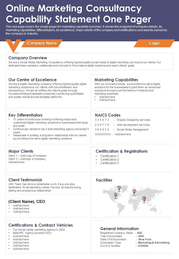 Online Marketing Consultancy Capability Statement One Pager PDF Document PPT Template Slide01