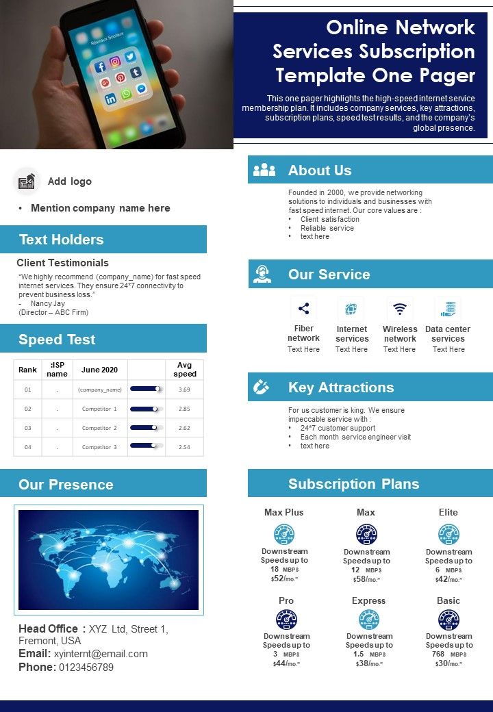 Online Network Services Subscription Template One Pager PDF Document PPT Template Slide01