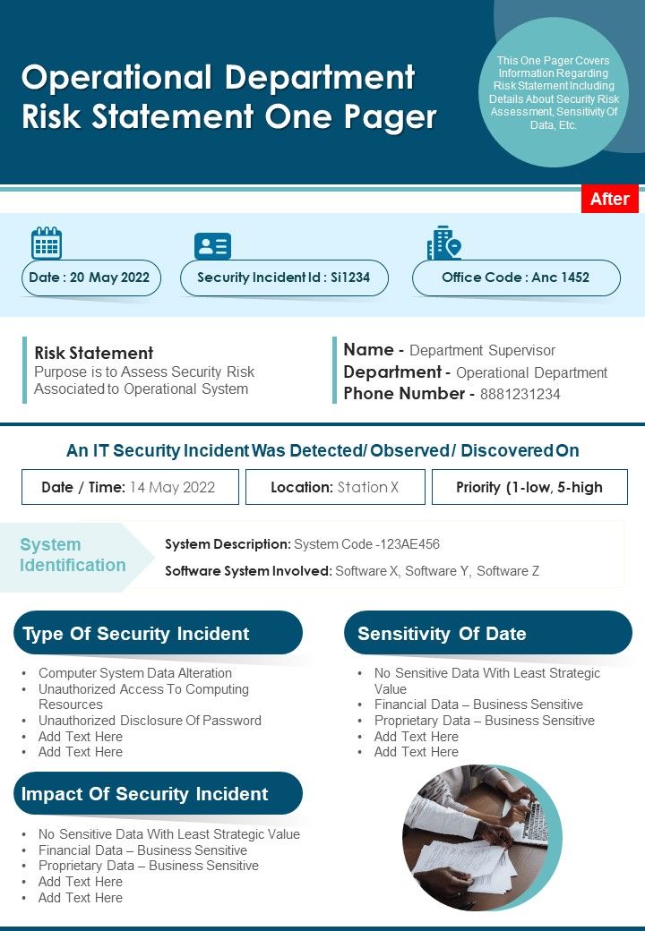 Operational Department Risk Statement One Pager PDF Document PPT Template Slide01