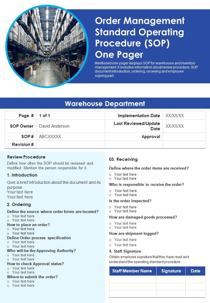 Order Management Standard Operating Procedure SOP One Pager PDF Document PPT Template Slide01