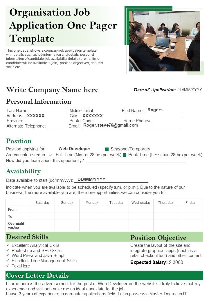 Organisation Job Application One Pager Template PDF Document PPT Template Slide01