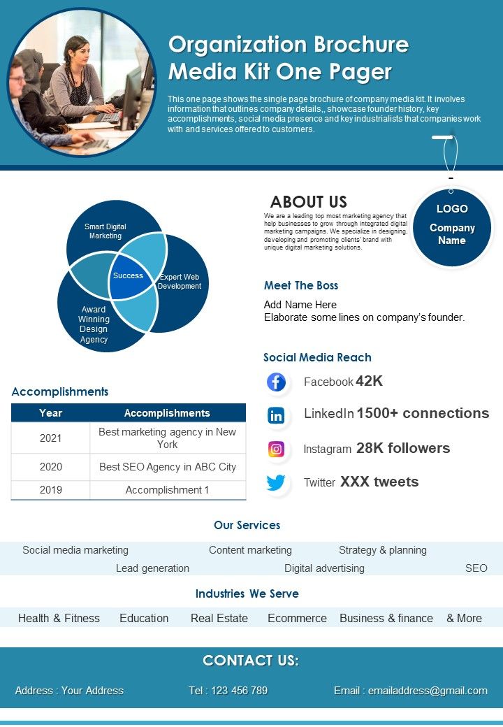 Organization Brochure Media Kit One Pager PDF Document PPT Template Slide01