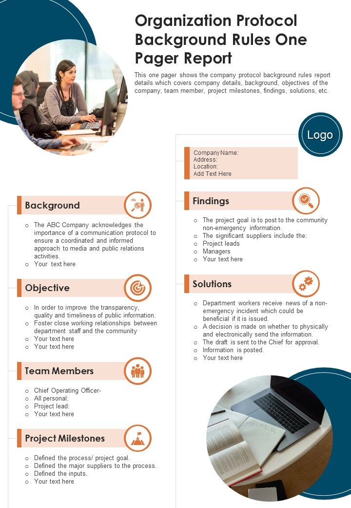 Organization Protocol Background Rules One Pager Report PDF Document PPT Template Slide01