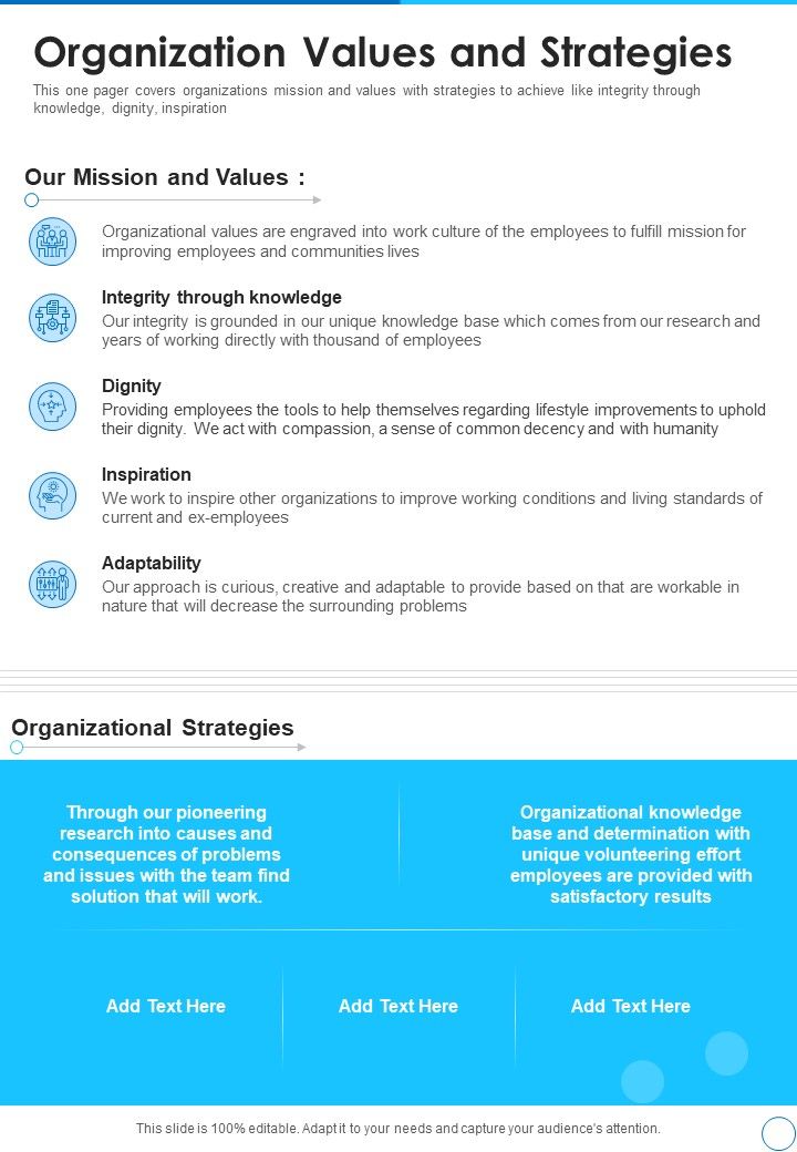 Organization Values And Strategies Template 134 One Pager Documents Slide01