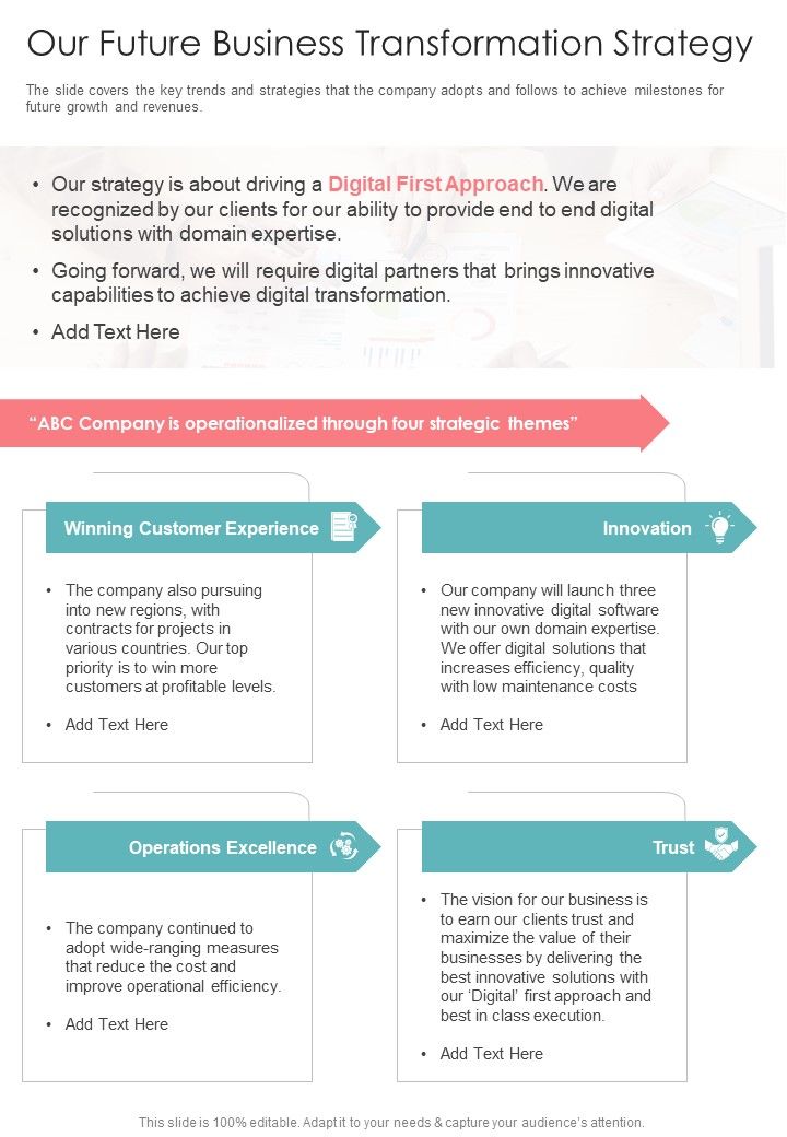 Our Future Business Transformation Strategy One Pager Documents Slide01