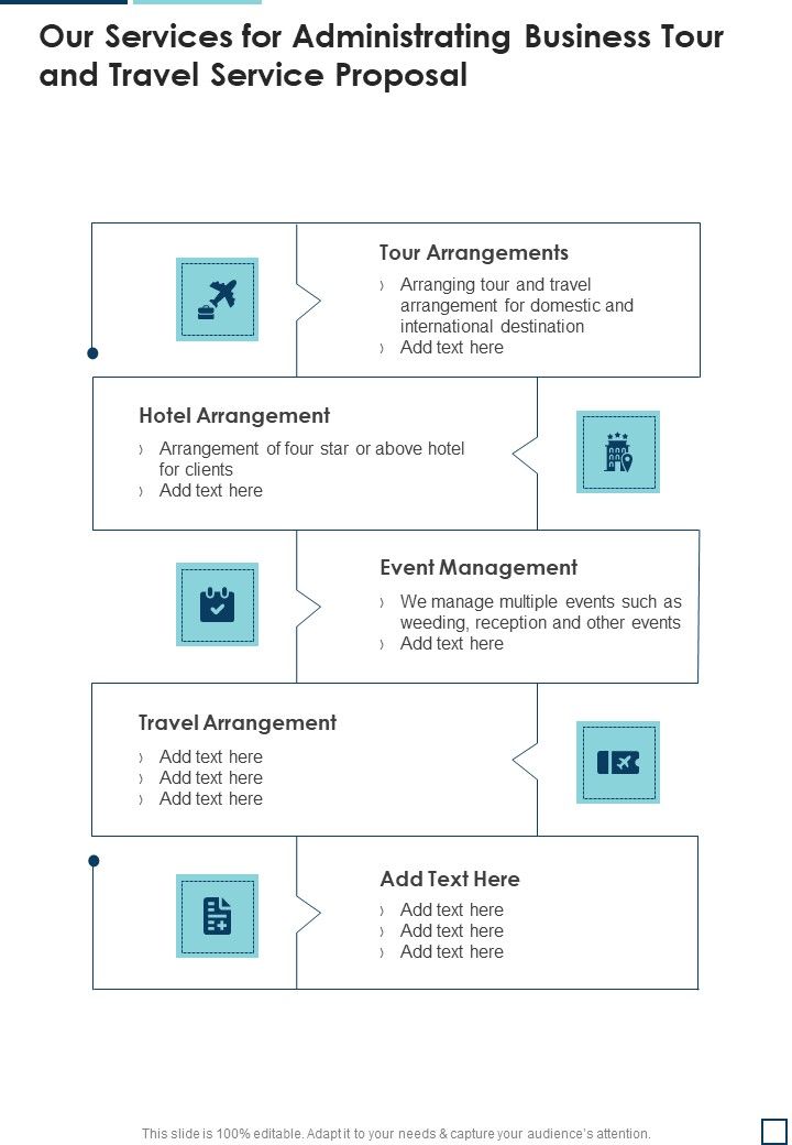 Our Services For Administrating Business Tour And Travel Service Proposal One Pager Sample Example Document Slide01