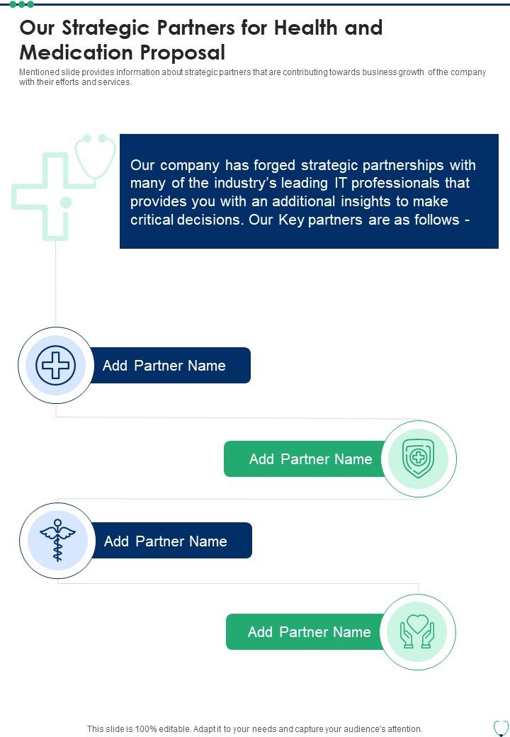 Our Strategic Partners For Health And Medication Proposal One Pager Sample Example Document Slide01