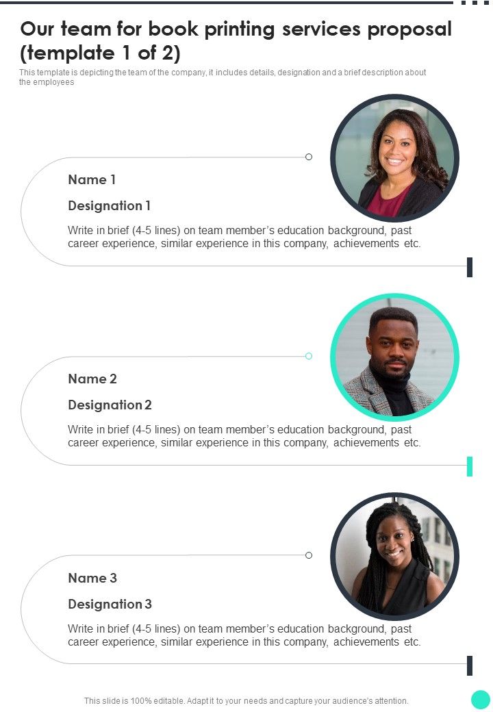 Our Team For Book Printing Services Proposal One Pager Sample Example Document Slide01