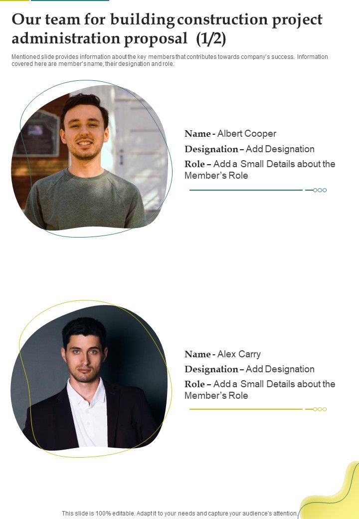 Our Team For Building Construction Project Administration Proposal One Pager Sample Example Document Slide01