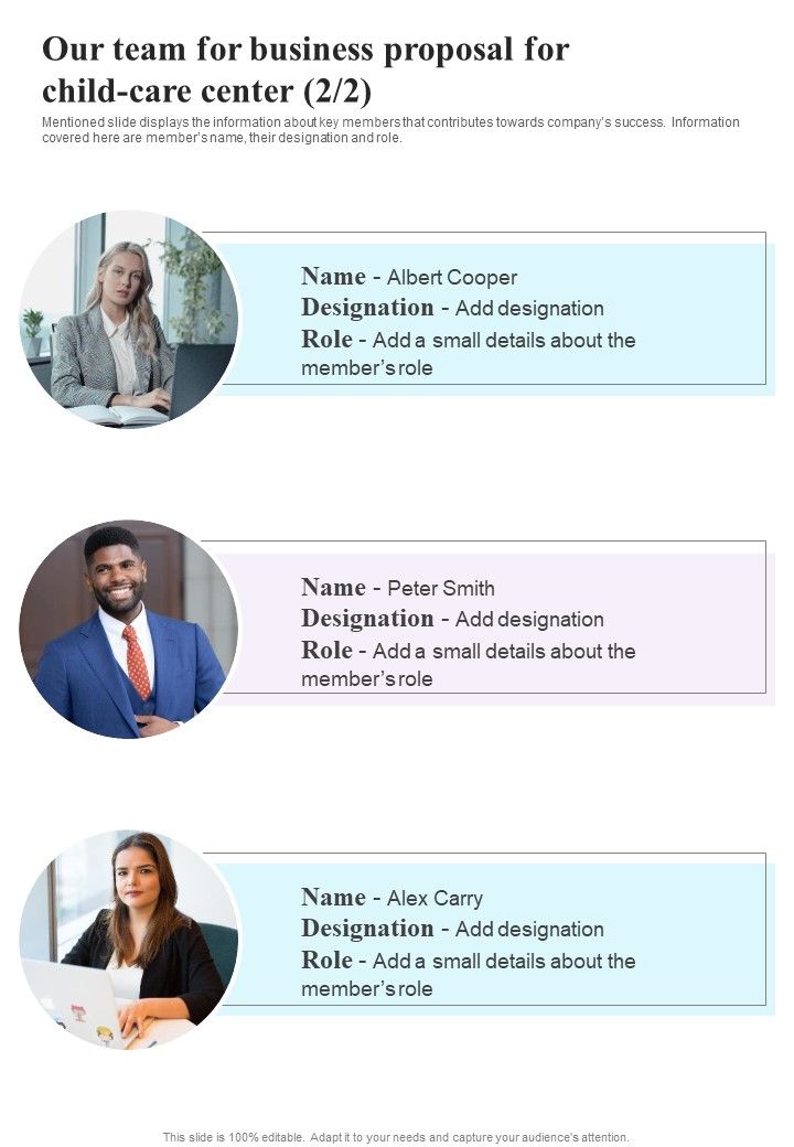 Our Team For Business Proposal For Child Care Center One Pager Sample Example Document