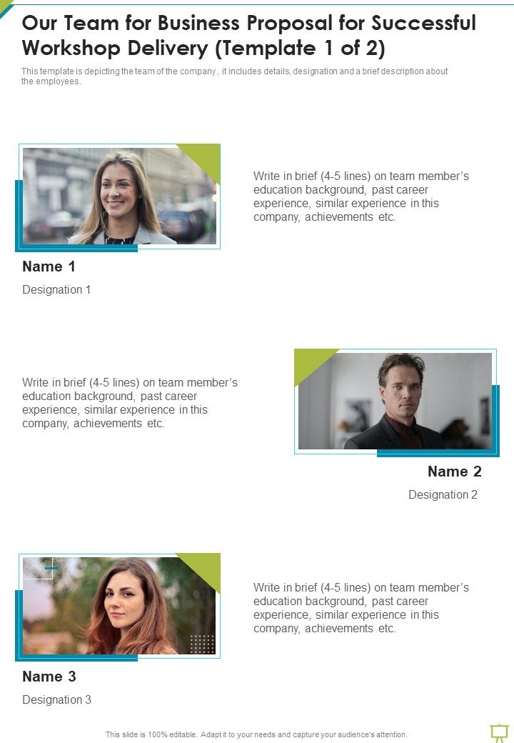 Our Team For Business Proposal For Successful Workshop Delivery One Pager Sample Example Document