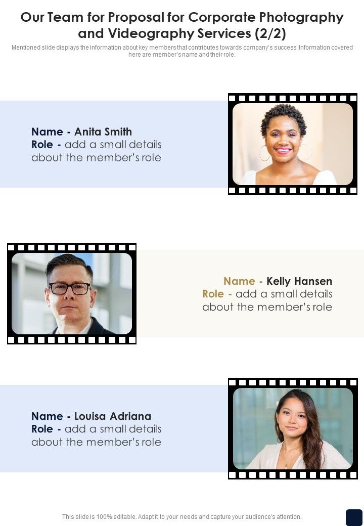 Our Team For Corporate Photography And Videography Services One Pager Sample Example Document