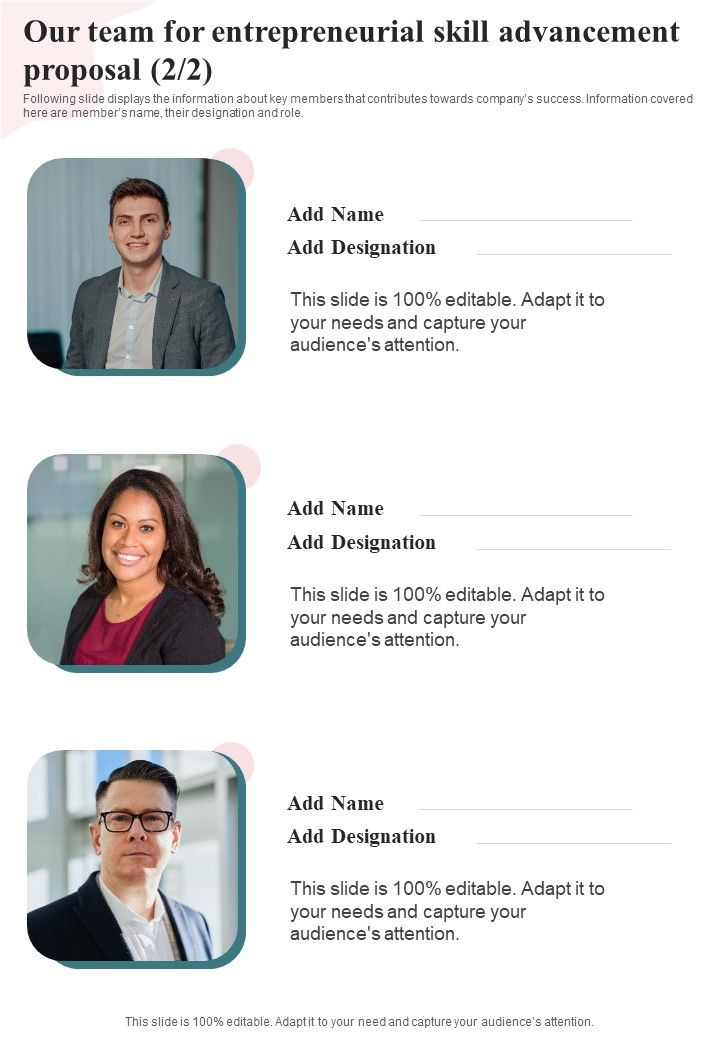 Our Team For Entrepreneurial Skill Advancement Proposal One Pager Sample Example Document
