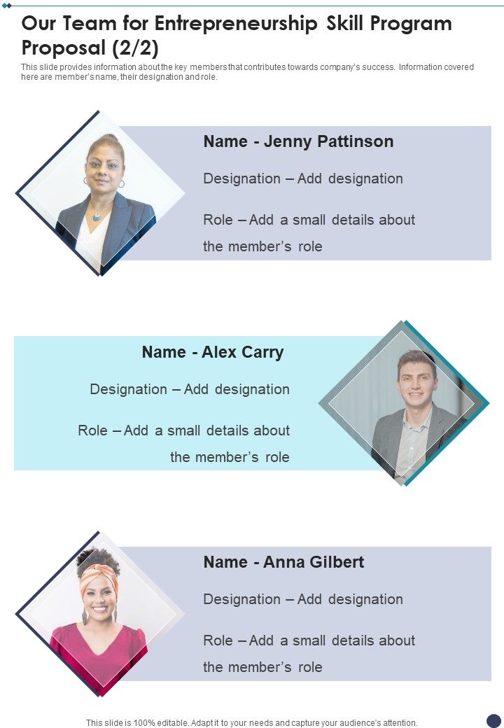 Our Team For Entrepreneurship Skill Program Proposal One Pager Sample Example Document