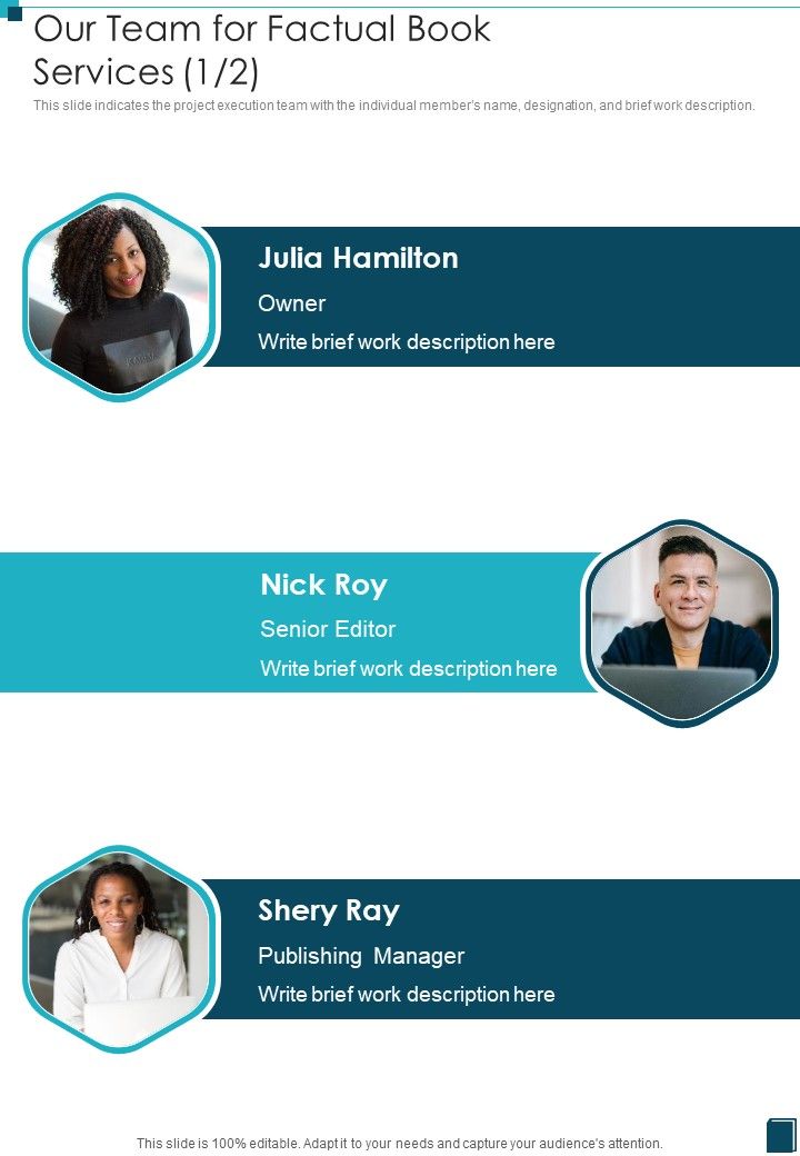 Our Team For Factual Book Services One Pager Sample Example Document Slide01