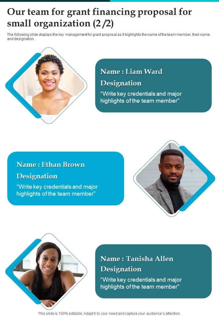 Our Team For Grant Financing Proposal For Small Organization One Pager Sample Example Document