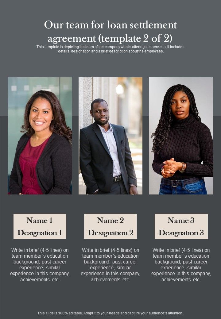 Our Team For Loan Settlement Agreement One Pager Sample Example Document Slide01