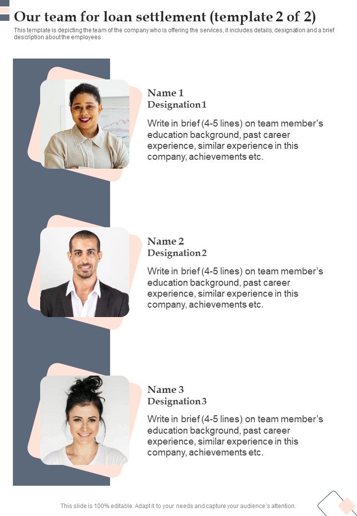 Our Team For Loan Settlement One Pager Sample Example Document