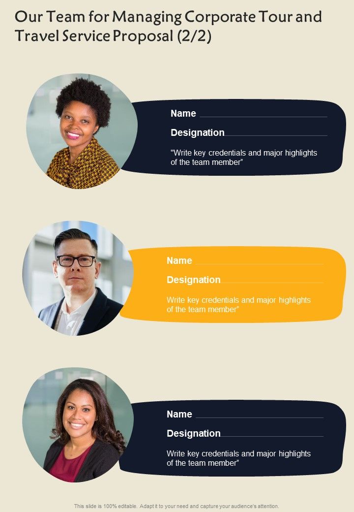 Our Team For Managing Corporate Tour And Travel Service Proposal One Pager Sample Example Document